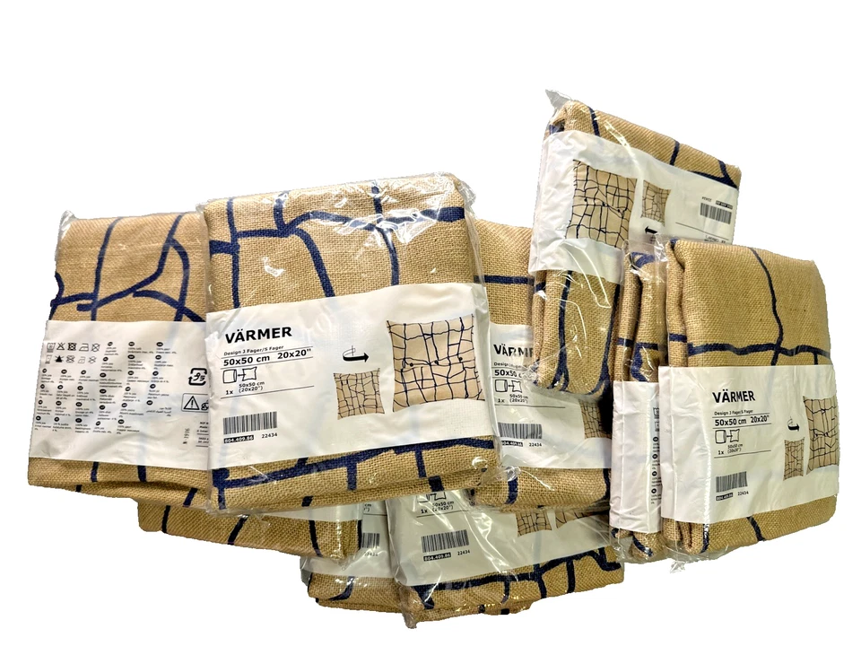 Lot of 10:  IKEA Varmer Jute Navy Blue Print Pillow Cushion Cover  20" Square - Image 1 of 3