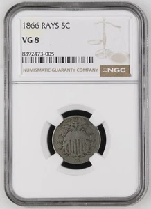 1866 Rays Shield Nickel 5C NGC VG 8 - Picture 1 of 2