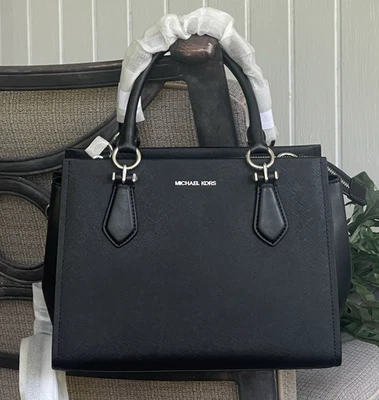 MICHAEL KORS MARILYN MEDIUM SATCHEL SHOULDER BAG TOTE MK BLACK LEATHER SILVER - Image 1 of 4