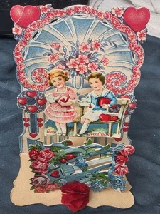 Antico biglietto di San Valentino tedesco vittoriano 3D pop up pieghevole fustellato in rilievo - Foto 1 di 9
