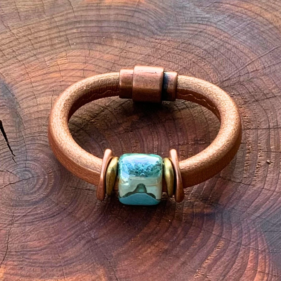 Artisan Leather Copper & Ceramic Cuff Bracelet Magnetic Closure - Image 1 of 4