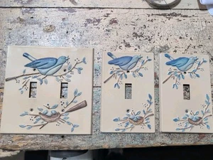 3 Blue Bird Switch Plate Covers Metal Set Of Matching Vintage Pre-owned Excellen - Picture 1 of 4