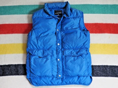Chaleco acolchado de colección años 70 JC PENNEY azul marino plumón de ganso cremallera a presión exterior para hombre M Foto 1 de 4