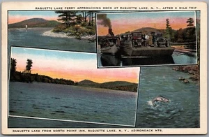 Postcard Raquette Lake New York Ferry Approaching Dock Adirondacks Multi Views - Bild 1 von 2