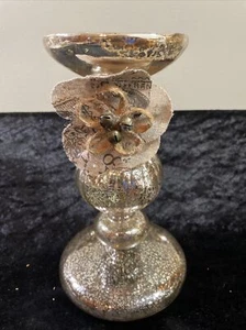 Silver Mirror Glass Pillar Candle Holder w/Fabric Flower: 8" Tall - New w/o Tags - Picture 1 of 6