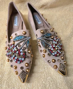 Women Flats Slip On Shoes Beaded Loafers Rhinestone Pointed Toe Suede Cherry - Picture 1 of 5