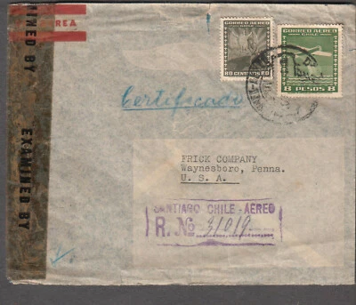 Chile censor registrado Segunda Guerra Mundial 30645 capa Santiago para Waynesboro PA via Miami - Imagem 1 de 2