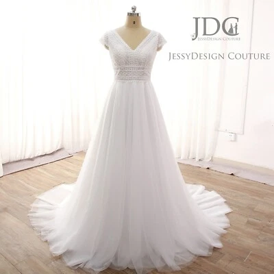 Country Pearl Beaded Lace Wedding Gown Bridal Dress Custom made White 2-28w - Image 1 of 4