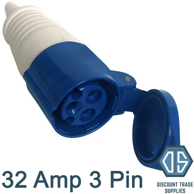 32 Amp 3 Pin Coupler Socket 2P+E Industrial IP44 Blue 250V EC32324 - Image 1 of 2