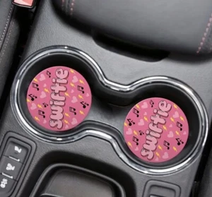 Swiftie Car Coasters Set of 2 Rubber Pink Spell Out Music Notes Cute OS New - Picture 1 of 5