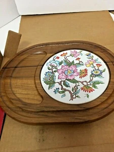 Handcrafted Teakwood Oval Cheese Server Tray Marble Tile 12" - Picture 1 of 22