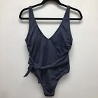 Shade & Shore Womens Plunge Tie One Piece Swimsuit Gray Lowest Coverage L New