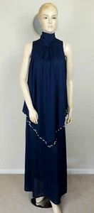 VINTAGE 70S NAVY BLUE ROLL NECK COLLAR RETRO EVENING BOHO HIPPY MAXI DRESS 6 - Picture 1 of 7