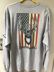 Browning Graphic L/S T Shirt Whitetail Flag Sport Gray 134420908 Mens Sz XL NWT - Picture 1 of 9