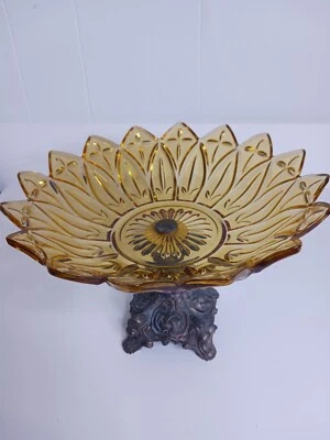 Vintage Amber Glass Candy  Fruit Dish With Ornate Metal Base No Chips Or Cracks - Image 1 of 4