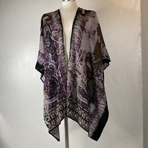 Chico's OS Purple Brown Velvet and Sheer Burnout Shawl Wrap Scarf Butterflies