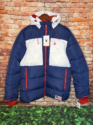 Spyder USA ski team hooded quilted puffer jacket blue/white/red Men’s Size S - Image 1 of 4
