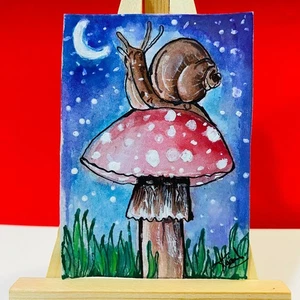 ACEO Whimsical Snail on Mushroom Night Sky Acrylic Painting Art Card Fantasy NEW - Picture 1 of 6