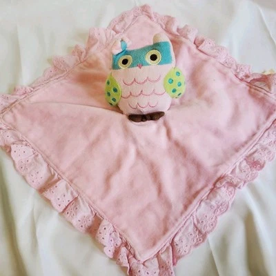 Manta de seguridad de felpa vintage Babies R Us Pink Owl adorno de ojales rosa amoroso 14" Foto 1 de 4