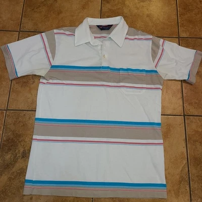 Vtg 70s 80s ARROW TOURNAMENT POLO SHIRT Golf Colorful Blue Pink Tan Stripes MED - Image 1 of 4