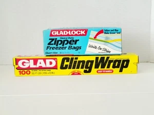 Vintage Glad Cling Wrap Wide Plastic Food Box & Zipper Freezer Bags Sealed Lot - Picture 1 of 2