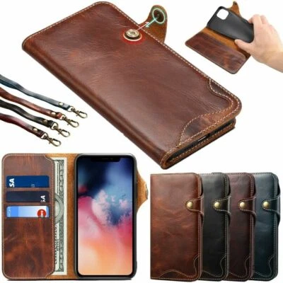 Genuine Leather Flip Wallet Card Case Cover For iPhone 17 Air 16e 15 14 13 12 11 - image 1 of 4