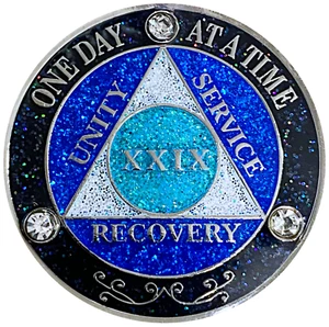 AA 29 Year Crystals & Glitter Medallion, Silver, Blue Color & 3 Crystals - Picture 1 of 2