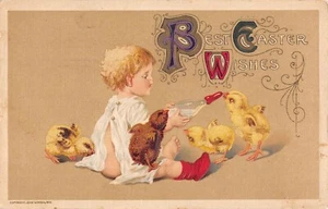 Easter Winch 1910 Germany Child Feeding Chicks with a Bottle - Picture 1 of 2
