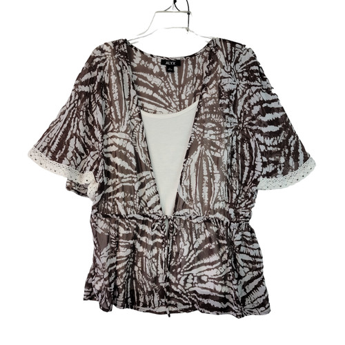 Camicia Alyx da donna marrone astratto manica corta finitura cravatta vita taglia large