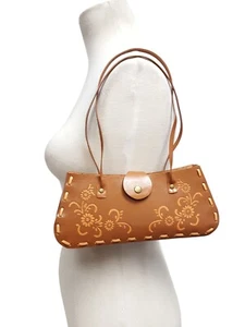 Genuine Leather Shoulder Handbag w. Floral Design - Picture 1 of 5