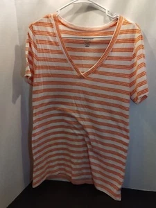 Vintage Brand Women's White And Orange Striped Short Sleeve Blouse V Neck  - Picture 1 of 5