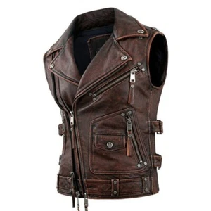 Giubbotto moto uomo vintage marrone uomo vera pelle bovina equitazione smanicato giacca - Foto 1 di 5