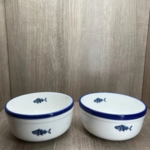 Crate & Barrel Enamelware Bowls Decor Italian Set of 2 Koi Fish White Blue - Picture 1 of 8