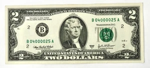 2003 A $2 Federal Reserve Note Fancy Serial Number B04000025A - Picture 1 of 3