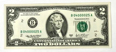2003 A $2 Federal Reserve Note Fancy Serial Number B04000025A - Image 1 of 3