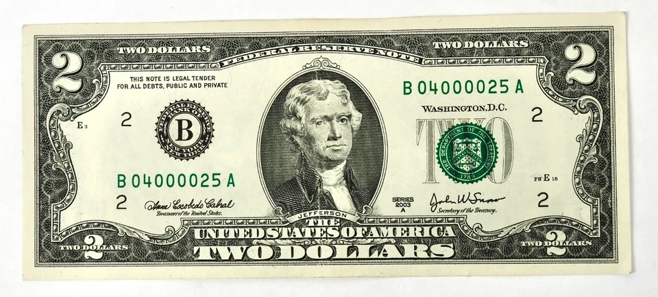 2003 A $2 Federal Reserve Note Fancy Serial Number B04000025A - Image 1 of 3