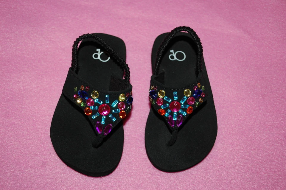 Toddler Girls BLACK FLIP FLOPS w/ RHINESTONE GEMS FLOWERS Ankle Strap S 5-6 - Image 1 of 1