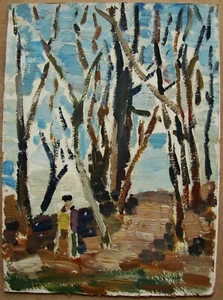 Ukrainische Sowjet UdSSR Ölgemälde Postimpressionismus Bäume Künstler Figur Molbert - Bild 1 von 4