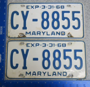 Maryland License Plate Tag MD 1967 67 1968 68 Pair Set CY-8855 - Picture 1 of 2