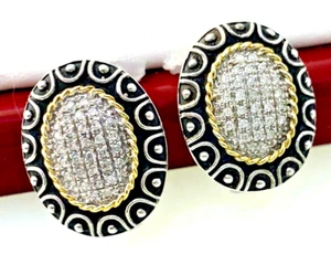 Sterling Silver Textured Olivia Two Tone Diamond Oval Stud Earrings - Picture 1 of 6