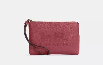 Muñequera Coach de cuero en relieve con cremallera en esquina para caballo y carro - dorado/rojo rojo rosa Foto 1 de 2