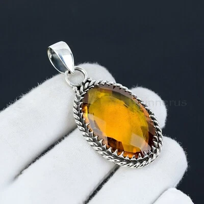 925 Silver Citrine Stone Pendant Handmade Statement Necklace Gift For Women M510 - Image 1 of 3