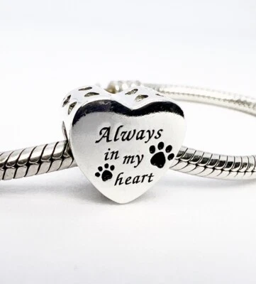 Always In My Heart Charm Paw Print Love Dog Cat Genuine 925 Sterling Silver 💖 - Image 1 of 4