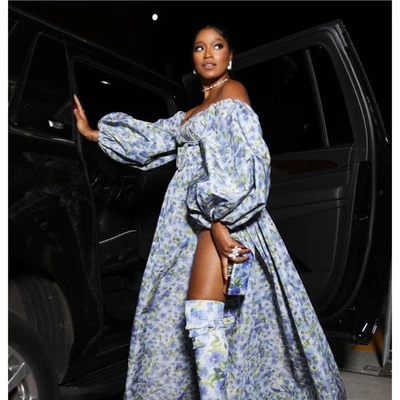 Vestido midi Carolina Herrera azul verde acuarela corsé tafetán pasarela $4800 Foto 1 de 4