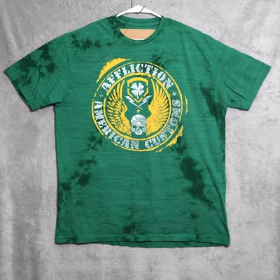 Camisa Affliction Para Hombres 3XL Verde Gráfico Calavera Trébol Motociclista Motor Club Camiseta Foto 1 de 4