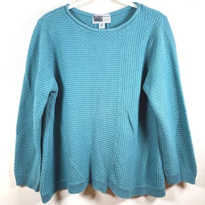 Habitat Textured Sweater Women Medium Teal Cotton Button Back Artsy Lagenlook - Picture 1 of 10