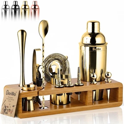 Gold Bartender Kit - Stainless-Steel Cocktail Shaker Set w/Bamboo Stand Mixology - Image 1 of 4