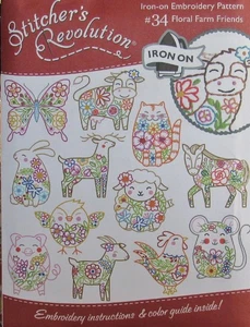 NEW Stitcher's Revolution #34 FLORAL FARM FRIENDS 12 Embroidery Transfer Pattern - Picture 1 of 1