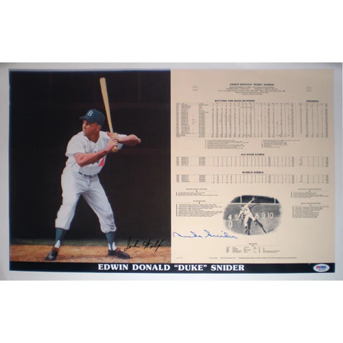 DUKE SNIDER SIGNED BROOKLYN DODGERS NY JOHN WOLFE LITHO STAT SHEET PSA COA PHOTO - Image 1 of 3