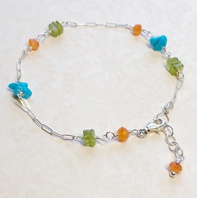 Modern Gemstone Sterling Sleeping Beauty Turquoise Peridot Carnelian Bracelet - Image 1 of 4
